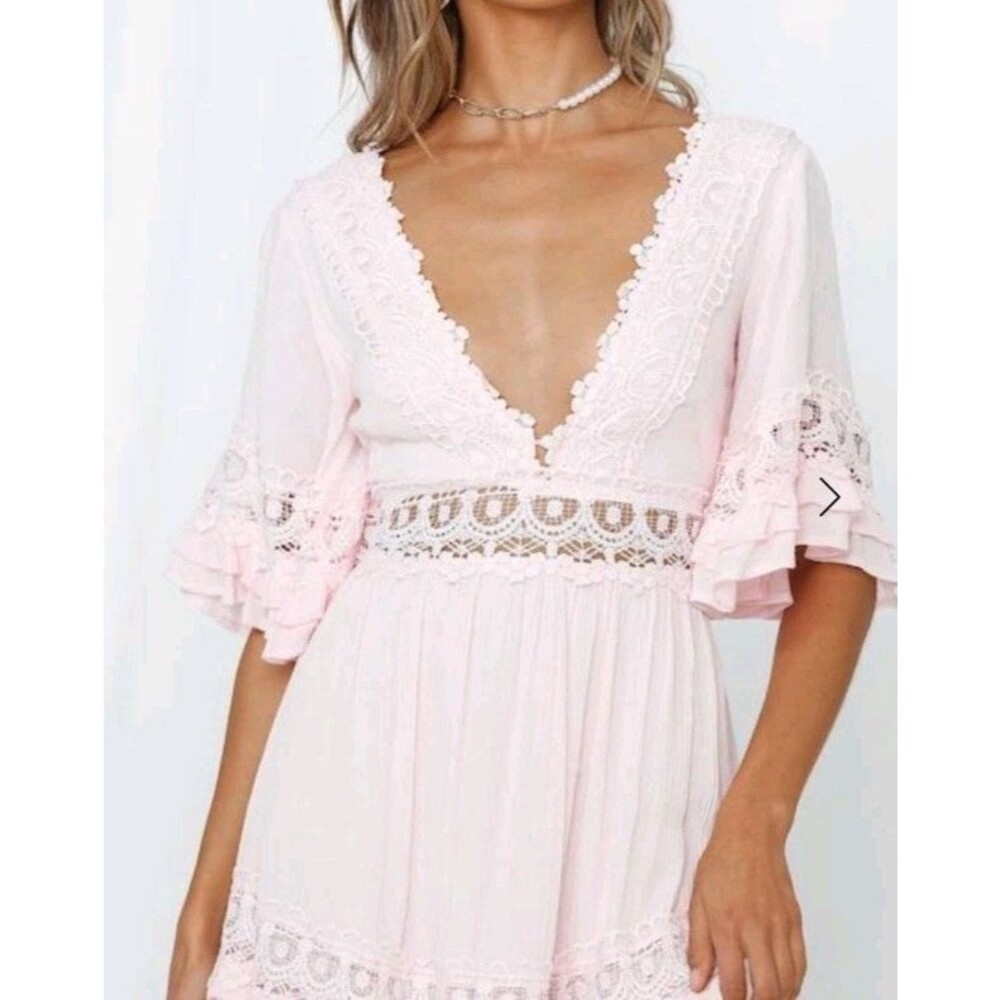 Boutique Baby Pink Deep V Lace Crochet Trim Smocked Rustic Boho Mini Dress XXS
